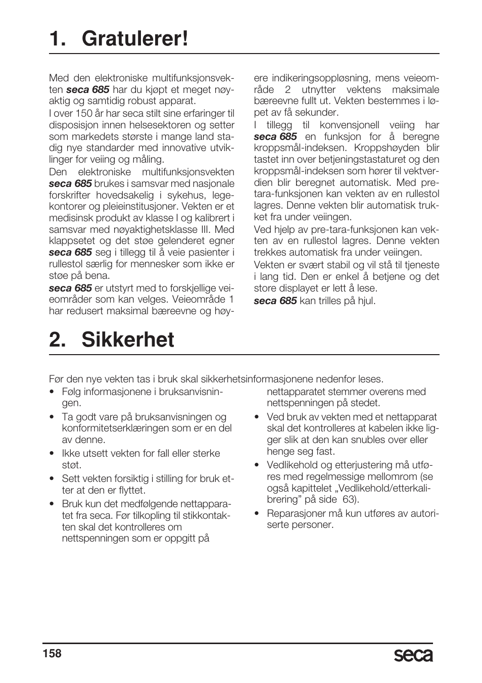 Gratulerer, Sikkerhet | Seca 685 User Manual | Page 158 / 292