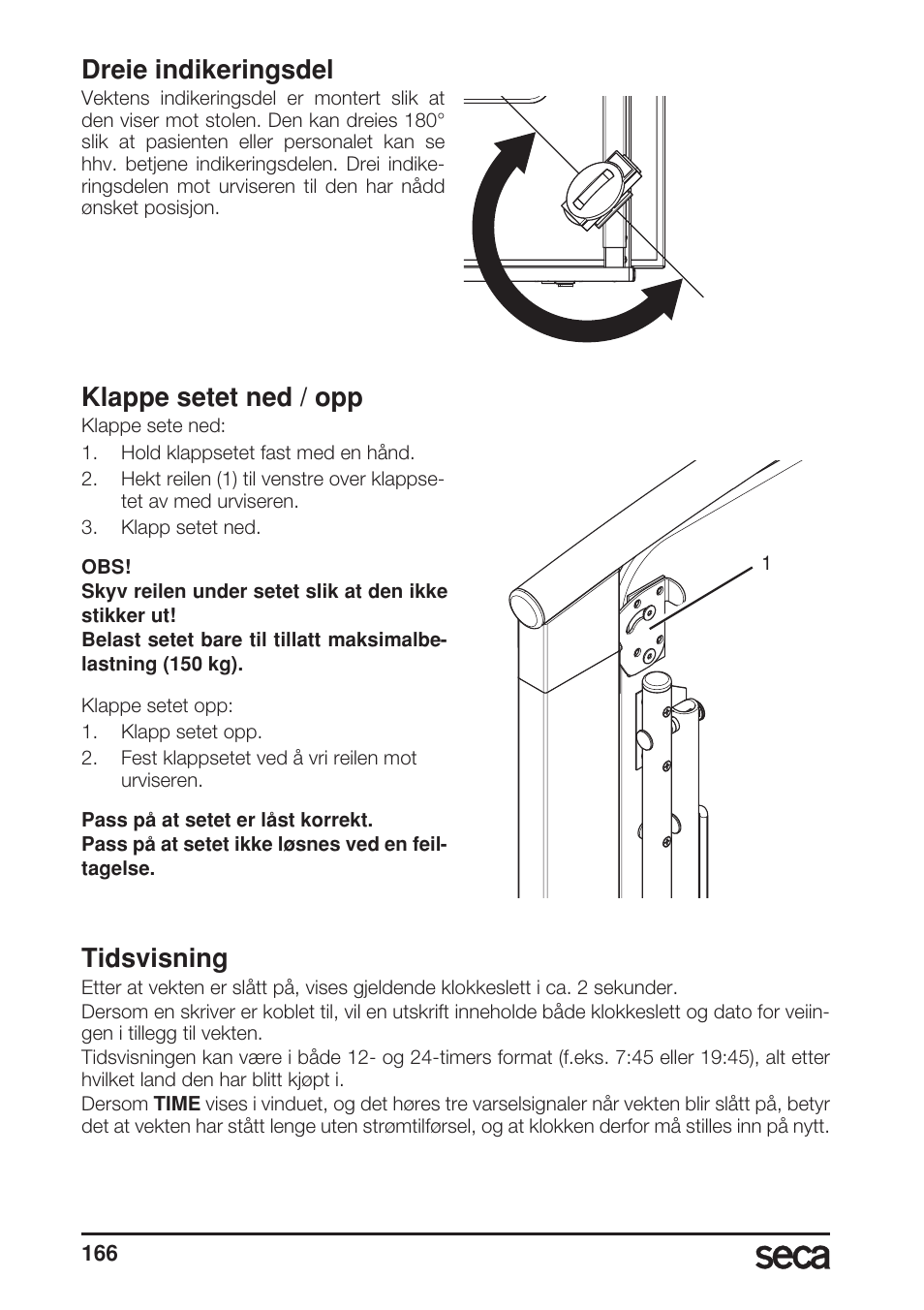 Dreie indikeringsdel, Klappe setet ned / opp, Tidsvisning | Seca 685 User Manual | Page 166 / 292