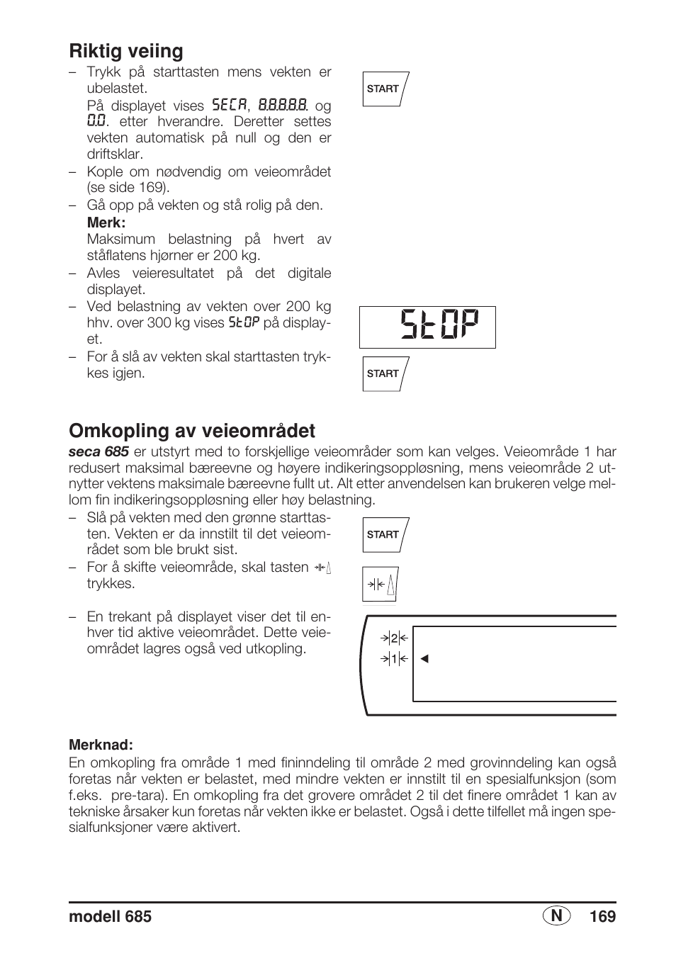 Riktig veiing, Omkopling av veieområdet | Seca 685 User Manual | Page 169 / 292