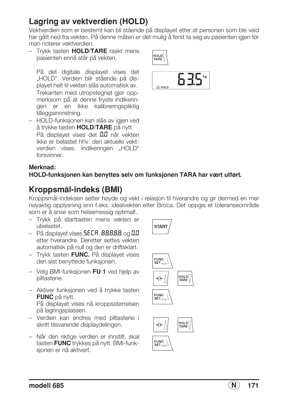 Lagring av vektverdien (hold), Kroppsmål-indeks (bmi) | Seca 685 User Manual | Page 171 / 292