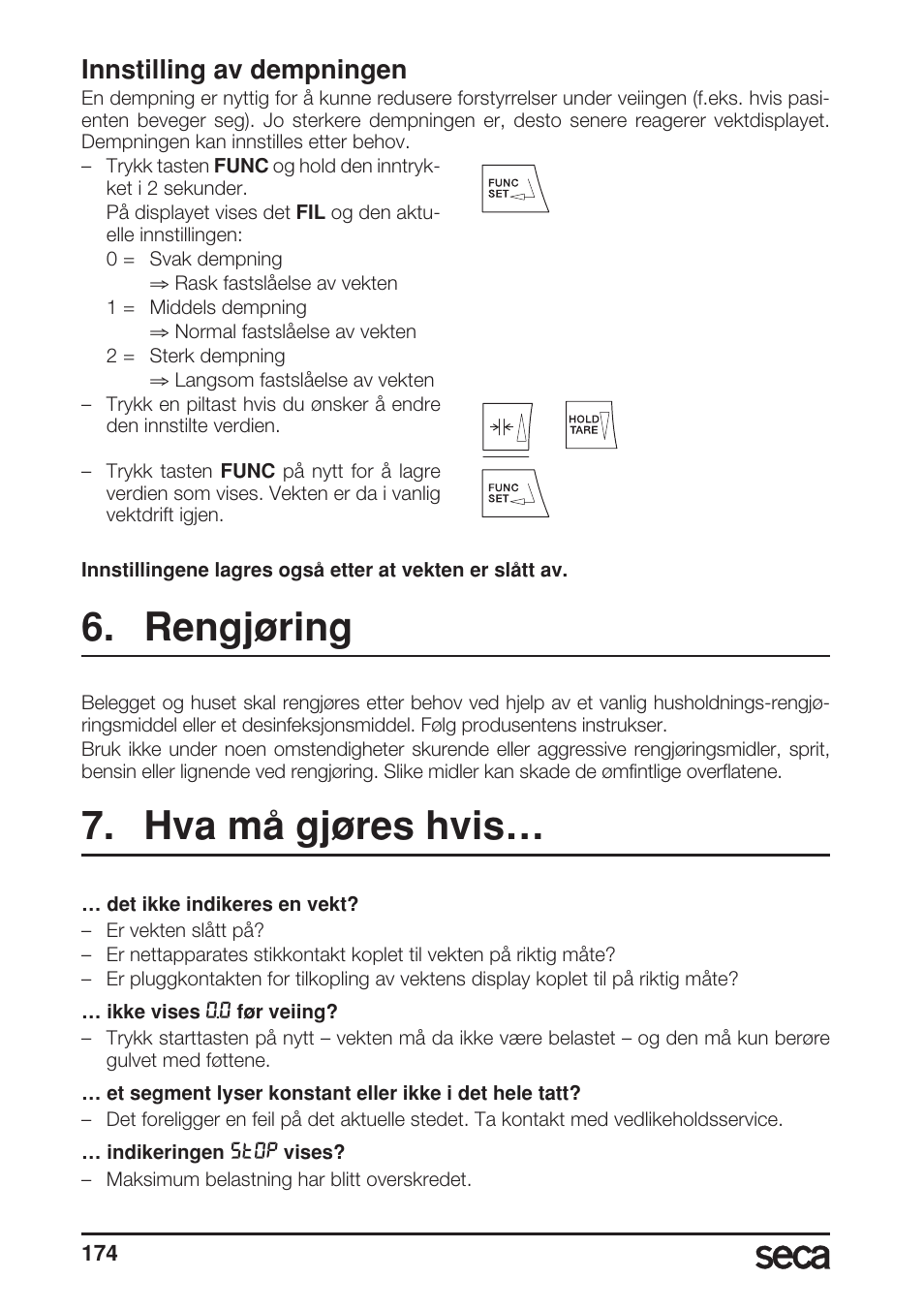 Innstilling av dempningen, Rengjøring, Hva må gjøres hvis | Seca 685 User Manual | Page 174 / 292