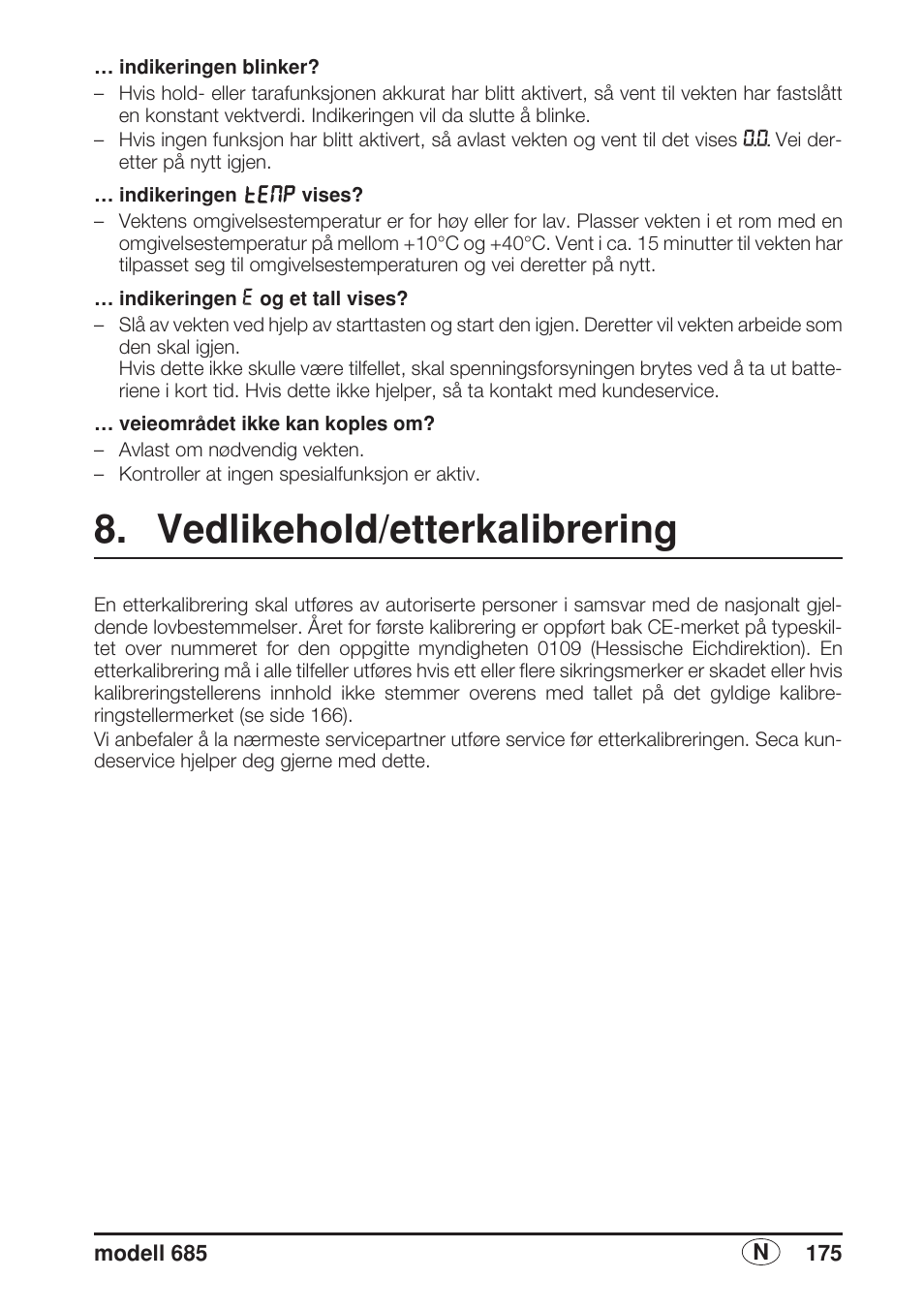 Vedlikehold/etterkalibrering | Seca 685 User Manual | Page 175 / 292