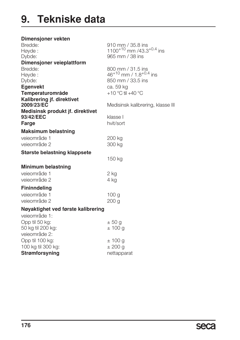 Tekniske data | Seca 685 User Manual | Page 176 / 292