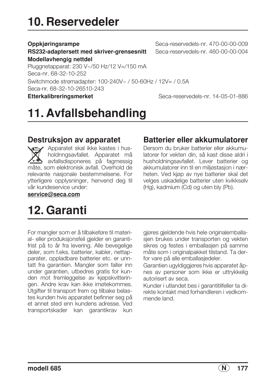 Reservedeler, Avfallsbehandling, Destruksjon av apparatet | Batterier eller akkumulatorer, Garanti | Seca 685 User Manual | Page 177 / 292