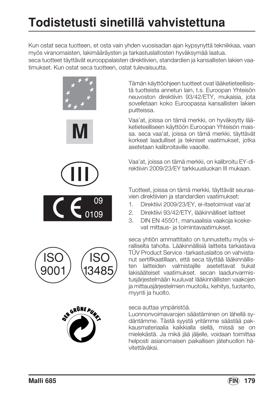 Suomi, Todistetusti sinetillä vahvistettuna | Seca 685 User Manual | Page 179 / 292