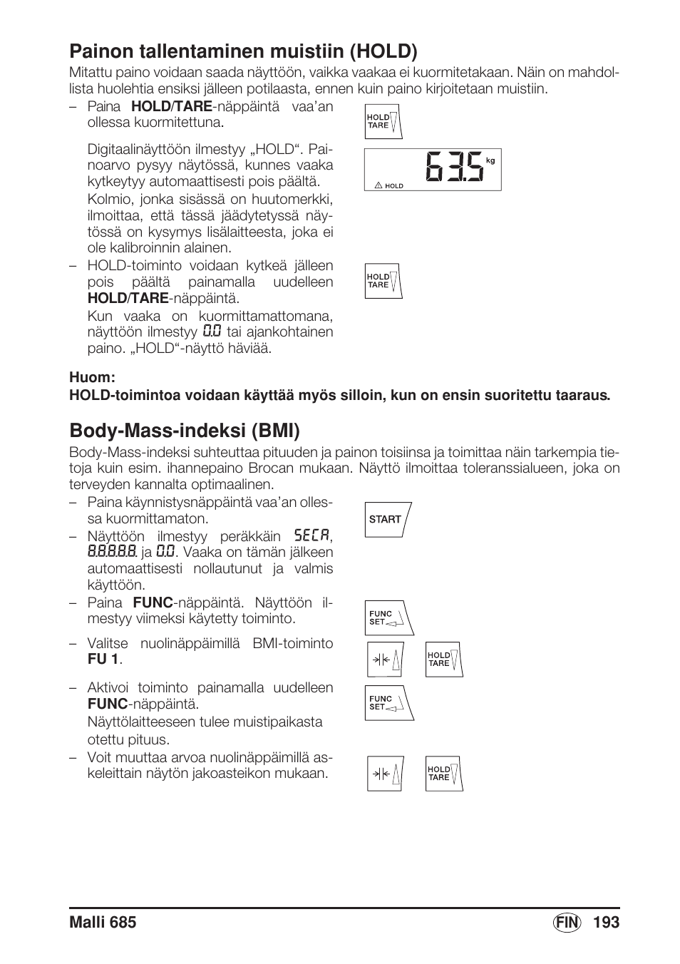 Painon tallentaminen muistiin (hold), Body-mass-indeksi (bmi) | Seca 685 User Manual | Page 193 / 292