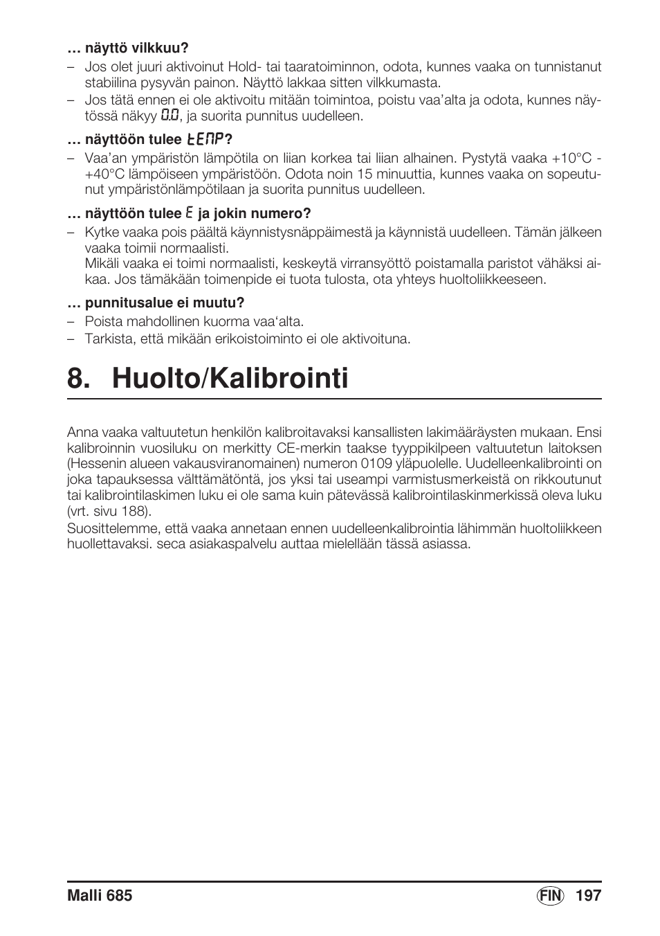 Huolto/kalibrointi | Seca 685 User Manual | Page 197 / 292