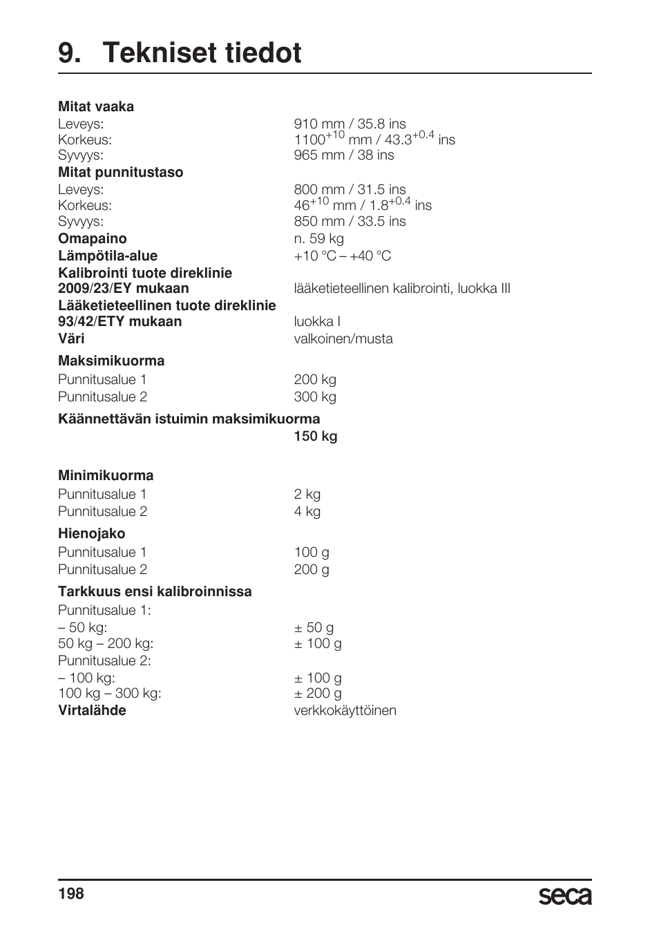 Tekniset tiedot | Seca 685 User Manual | Page 198 / 292