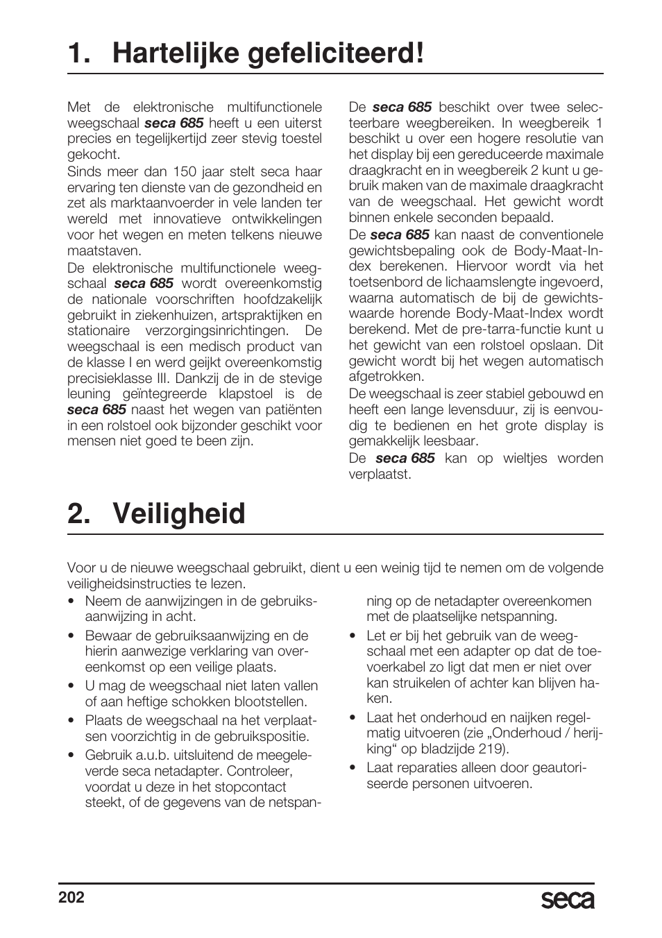 Hartelijke gefeliciteerd, Veiligheid | Seca 685 User Manual | Page 202 / 292