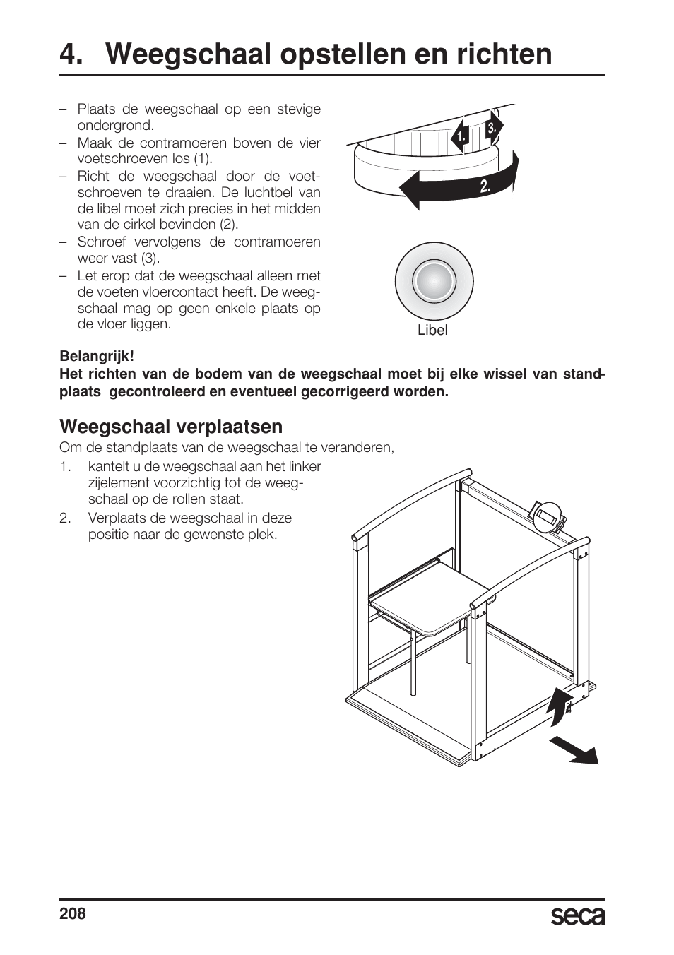 Weegschaal opstellen en richten, Weegschaal verplaatsen, Libelle | Seca 685 User Manual | Page 208 / 292