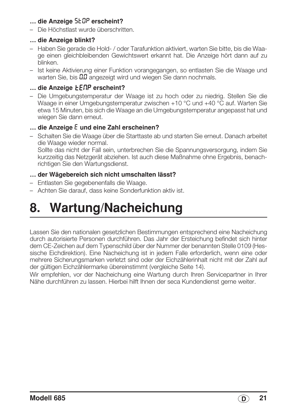 Wartung/nacheichung | Seca 685 User Manual | Page 21 / 292