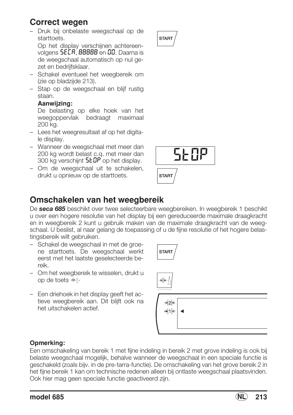 Correct wegen, Omschakelen van het weegbereik | Seca 685 User Manual | Page 213 / 292