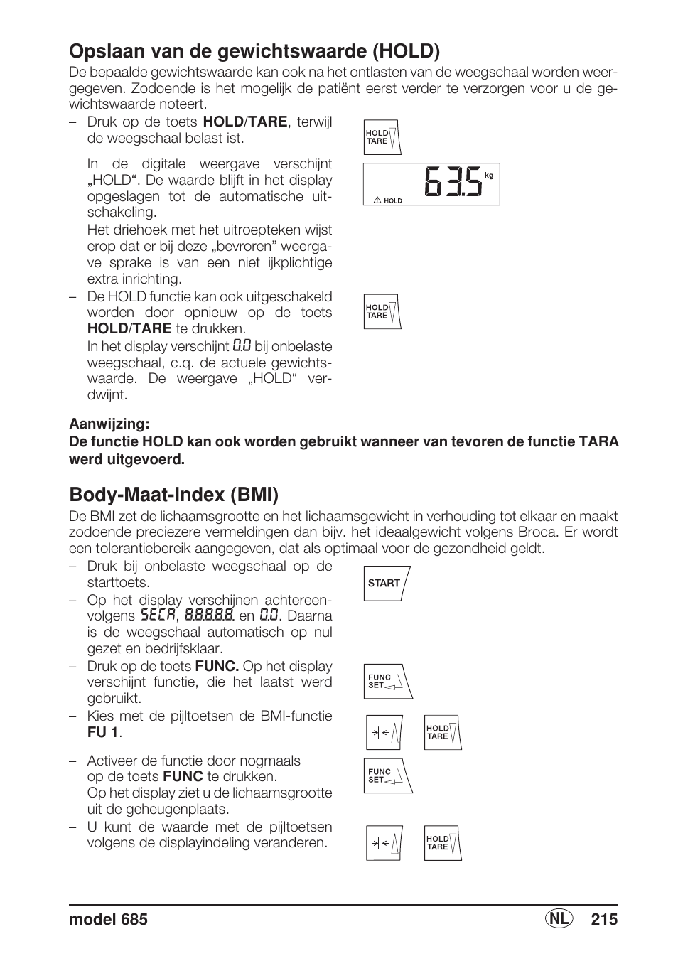Opslaan van de gewichtswaarde (hold), Body-maat-index (bmi) | Seca 685 User Manual | Page 215 / 292
