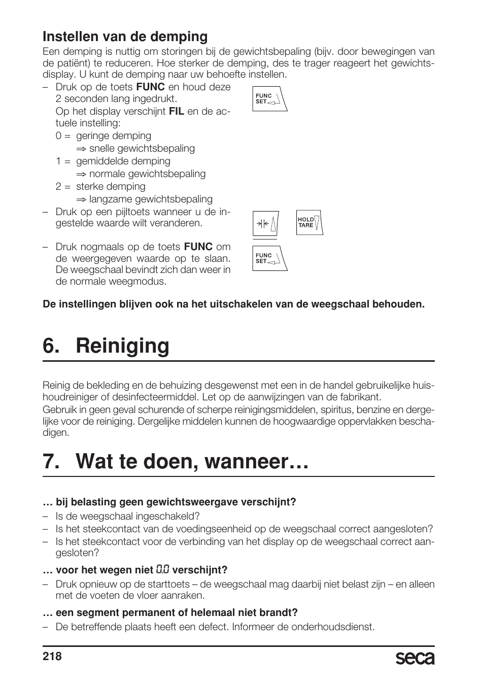 Instellen van de demping, Reiniging, Wat te doen, wanneer | Seca 685 User Manual | Page 218 / 292