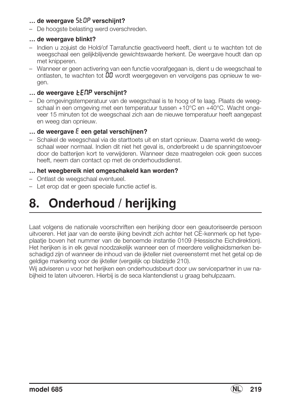 Onderhoud / herijking | Seca 685 User Manual | Page 219 / 292