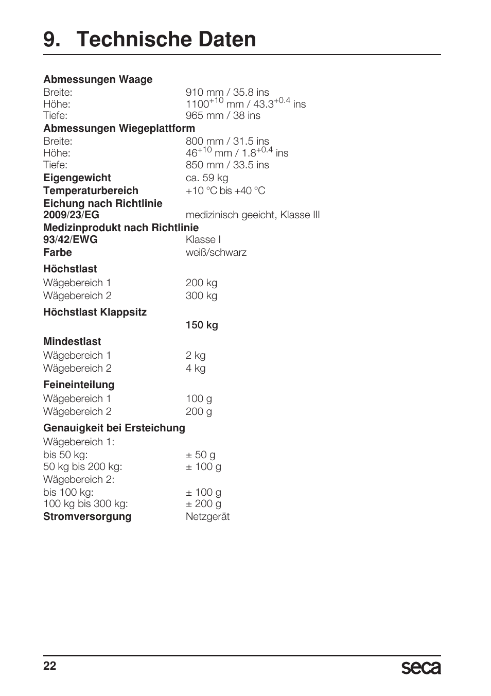 Technische daten | Seca 685 User Manual | Page 22 / 292