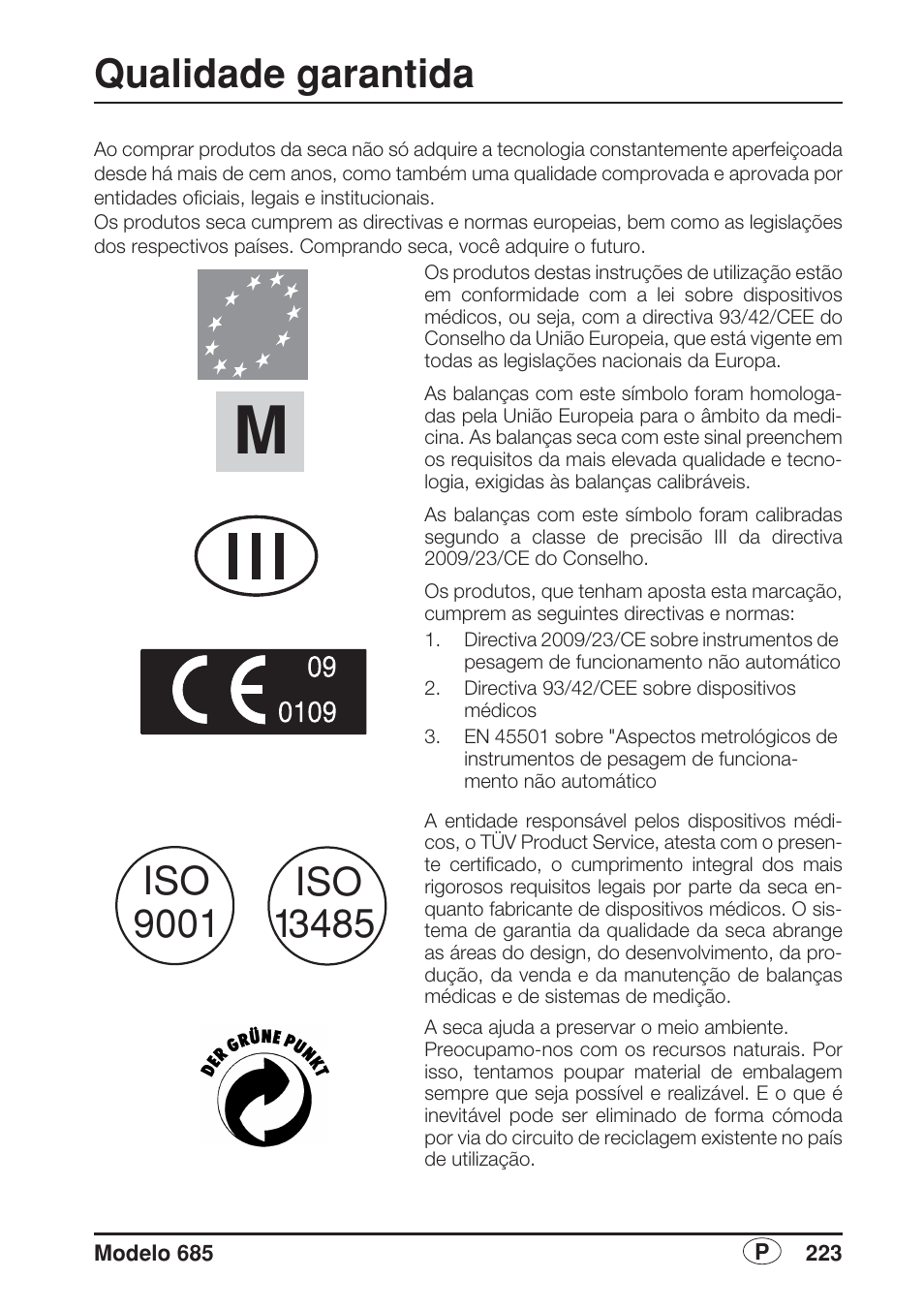 Português, Qualidade garantida | Seca 685 User Manual | Page 223 / 292