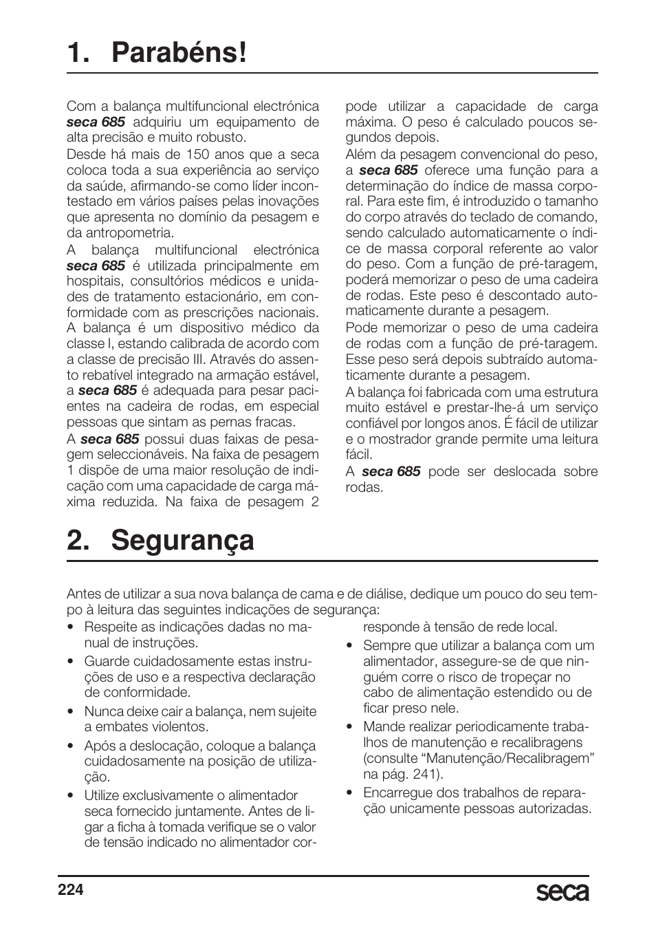 Parabéns, Segurança | Seca 685 User Manual | Page 224 / 292