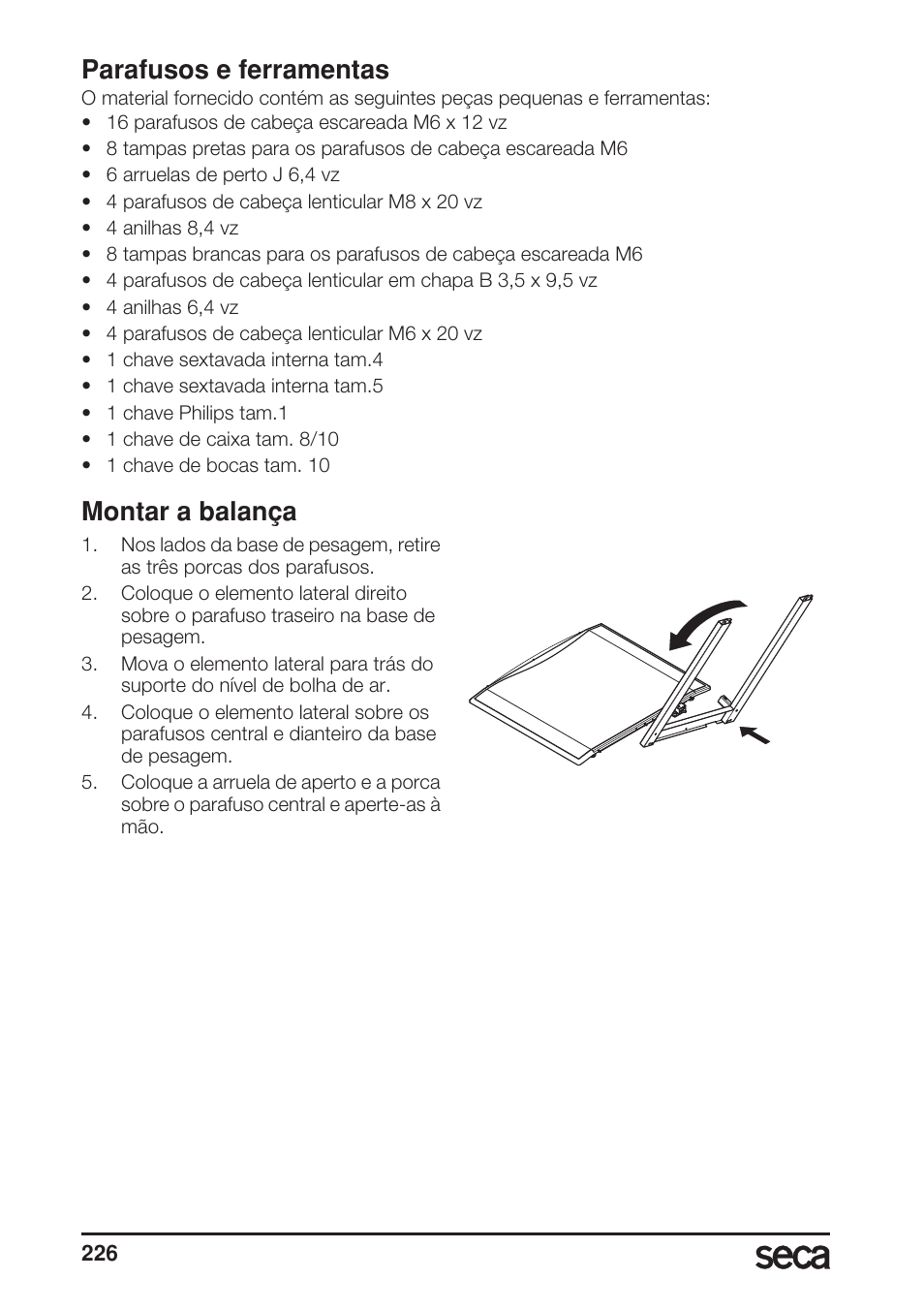 Parafusos e ferramentas, Montar a balança | Seca 685 User Manual | Page 226 / 292