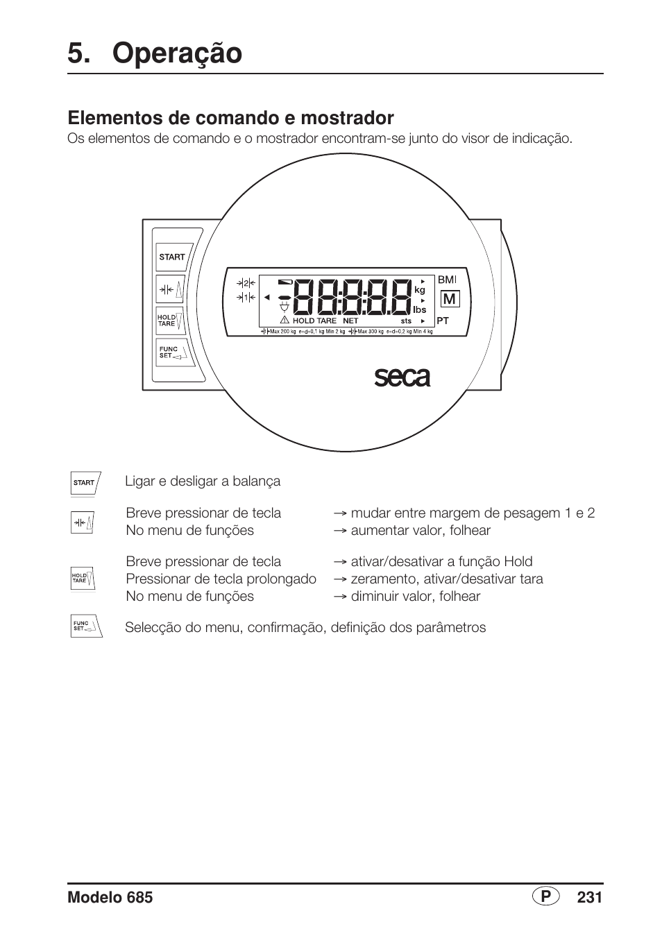 Operação, Elementos de comando e mostrador | Seca 685 User Manual | Page 231 / 292