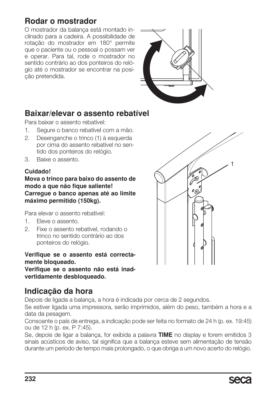 Rodar o mostrador, Baixar/elevar o assento rebatível, Indicação da hora | Seca 685 User Manual | Page 232 / 292