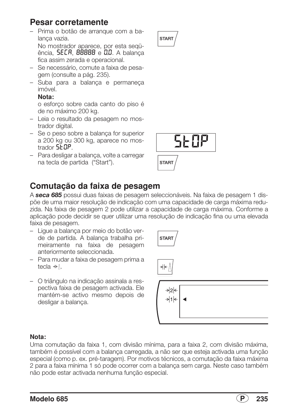 Pesar corretamente, Comutação da faixa de pesagem | Seca 685 User Manual | Page 235 / 292
