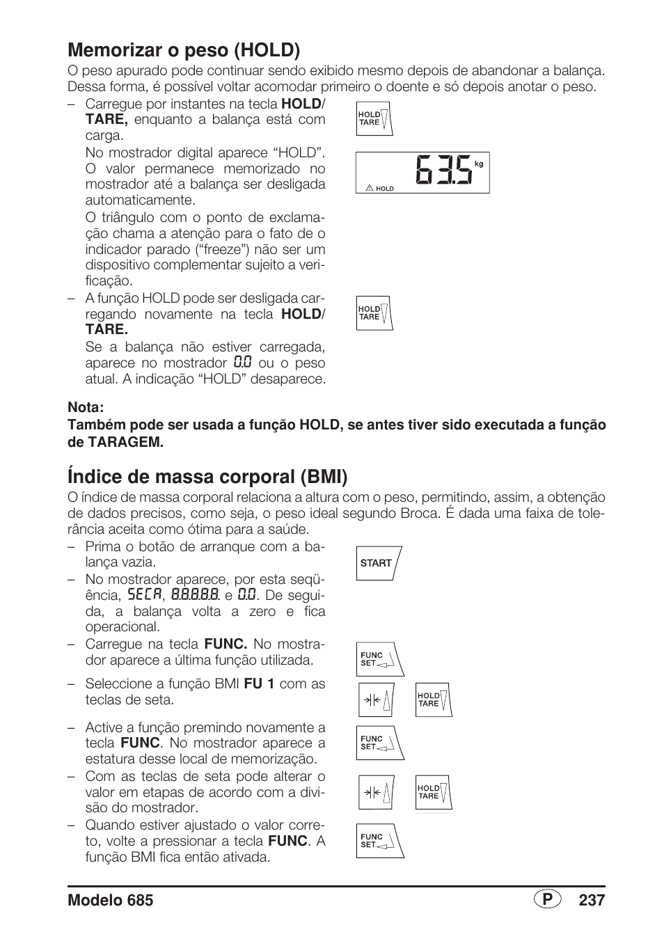 Memorizar o peso (hold), Índice de massa corporal (bmi) | Seca 685 User Manual | Page 237 / 292