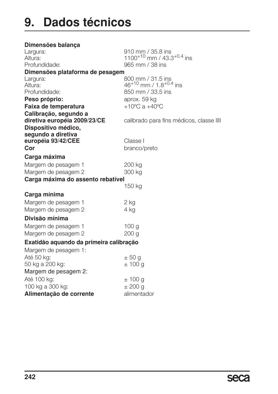 Dados técnicos | Seca 685 User Manual | Page 242 / 292