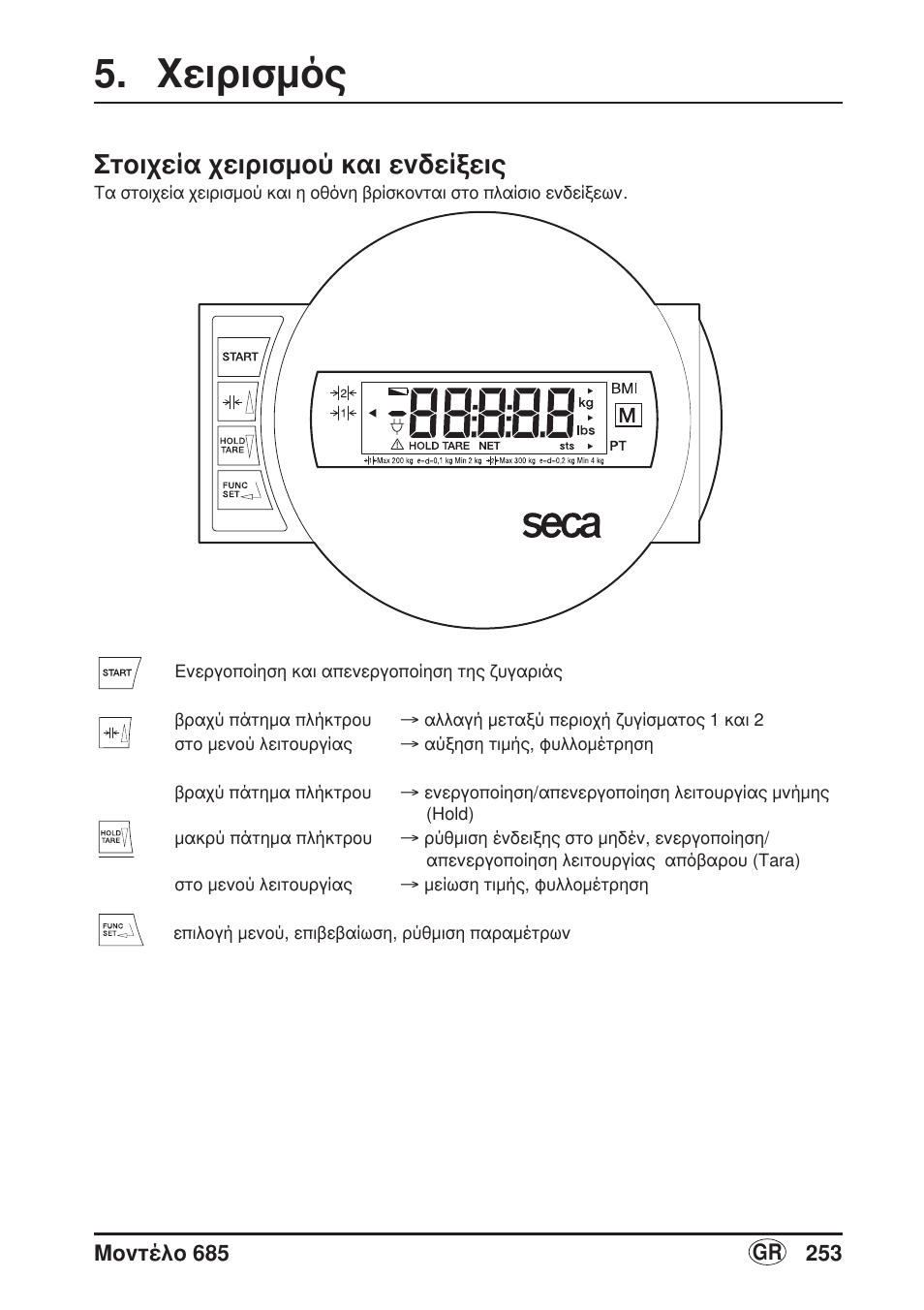 Χειρισμός, Στοιχεία χειρισμού και ενδείξεις | Seca 685 User Manual | Page 253 / 292