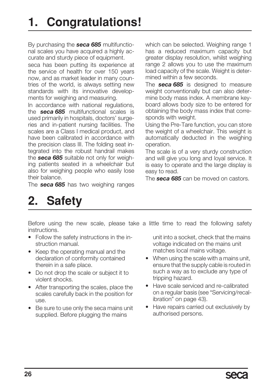 Congratulations, Safety | Seca 685 User Manual | Page 26 / 292