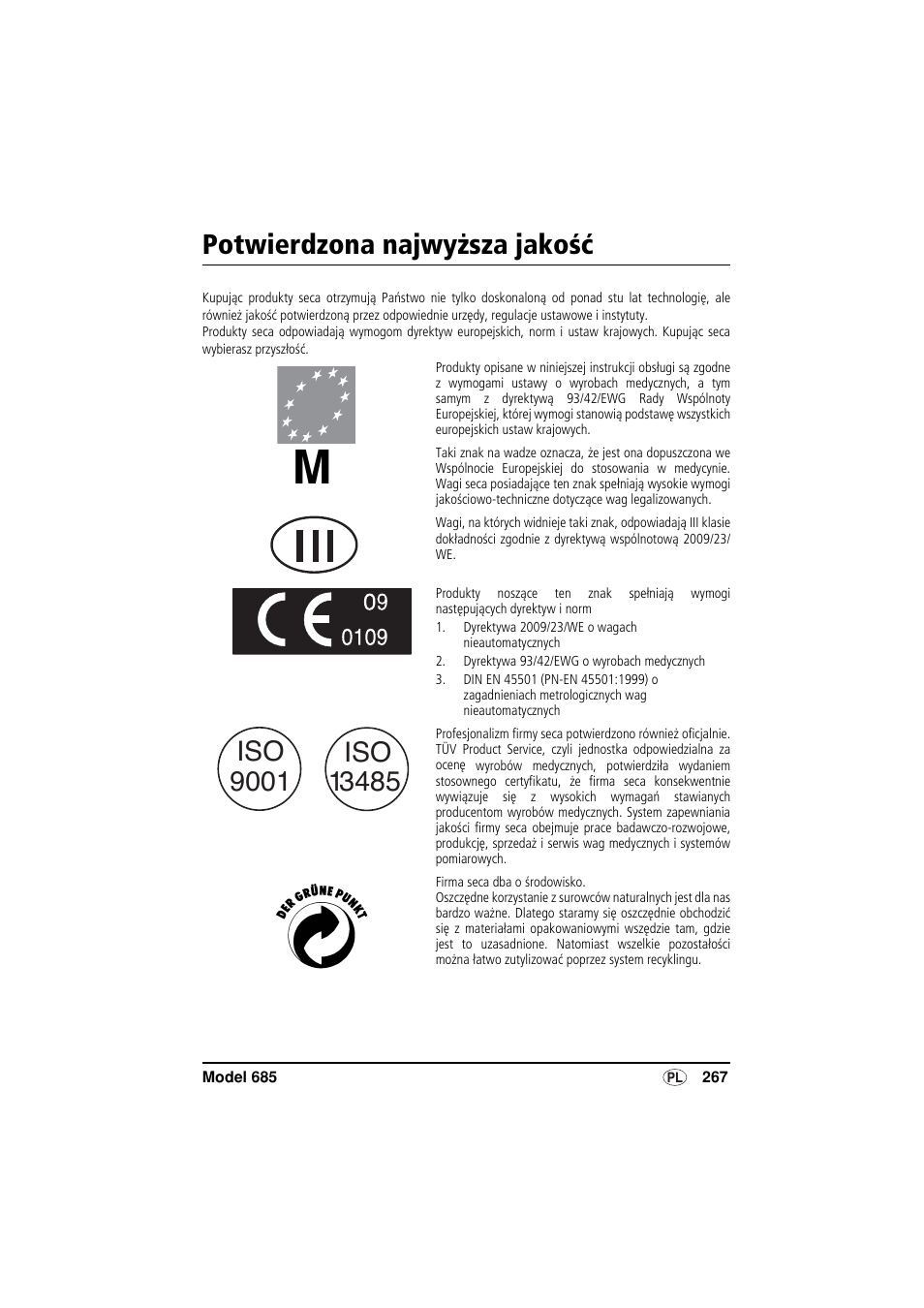 Polski, Potwierdzona najwyższa jakość | Seca 685 User Manual | Page 267 / 292