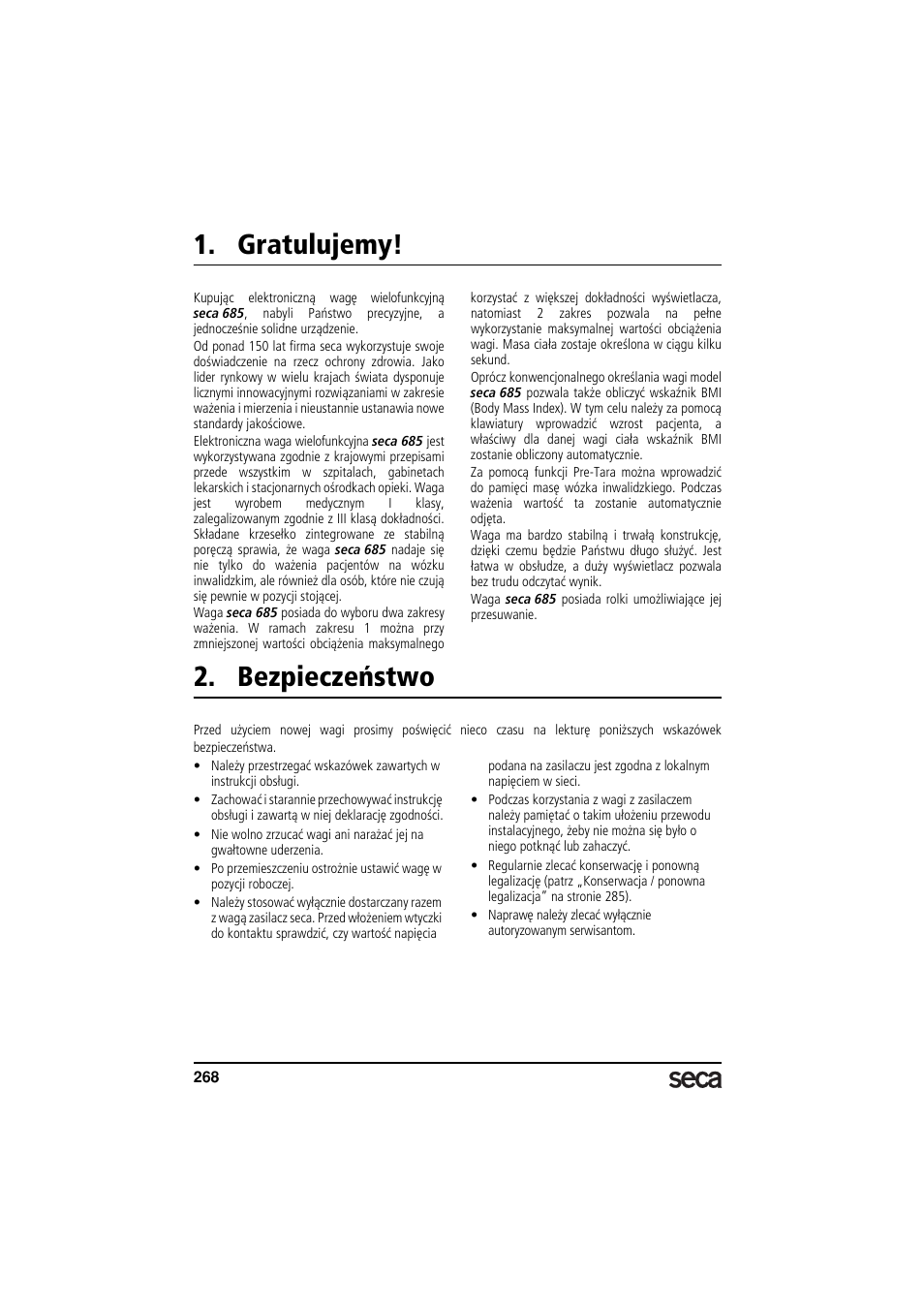 Gratulujemy, Bezpieczeństwo | Seca 685 User Manual | Page 268 / 292
