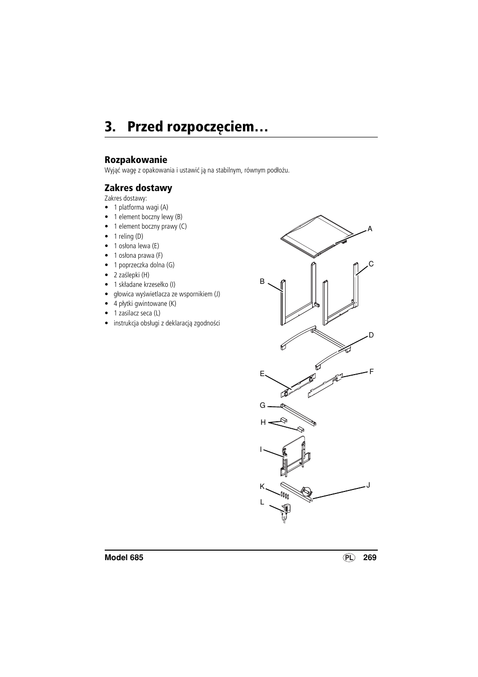 Przed rozpoczęciem, Rozpakowanie, Zakres dostawy | Seca 685 User Manual | Page 269 / 292