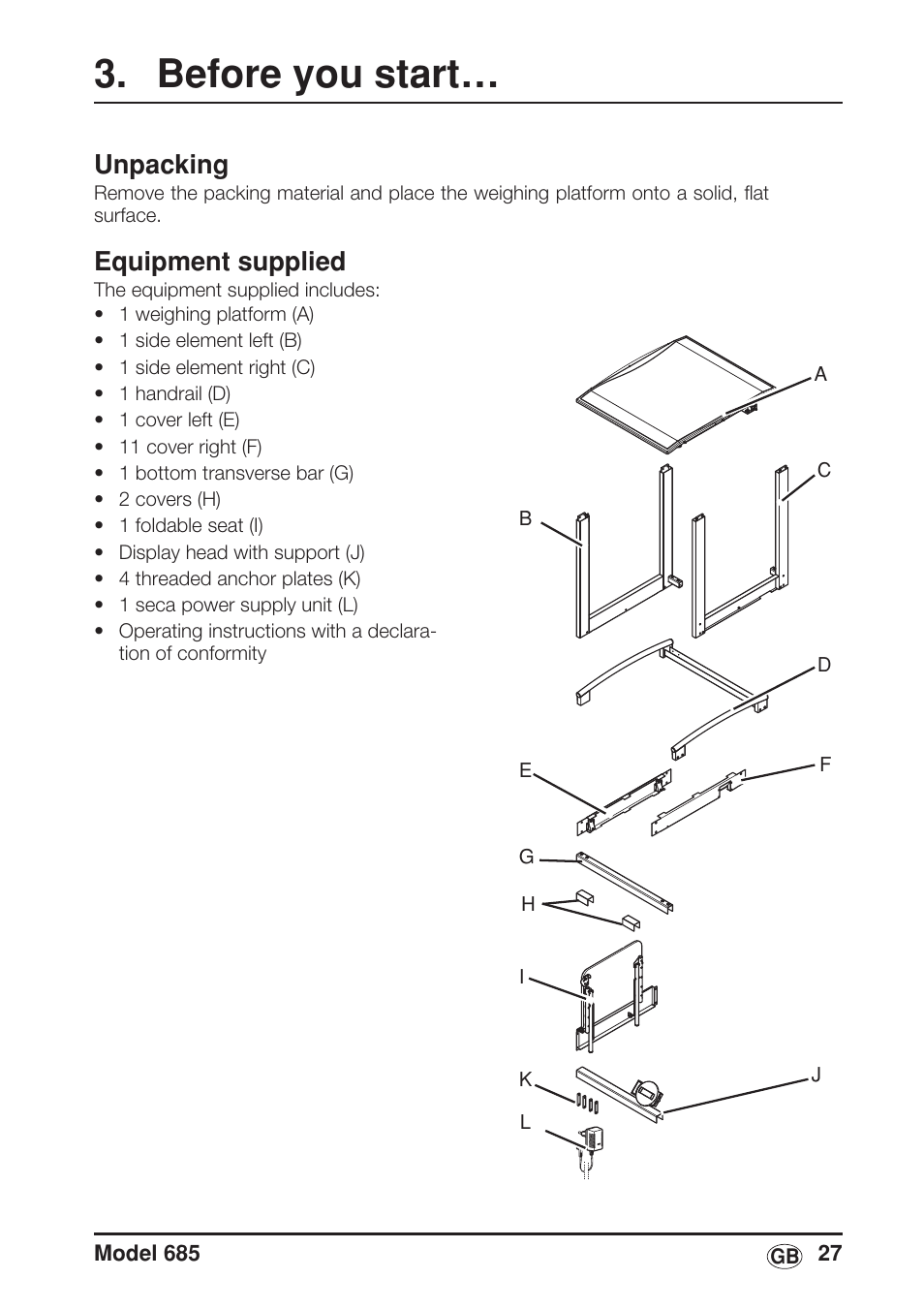 Before you start, Unpacking, Equipment supplied | Seca 685 User Manual | Page 27 / 292