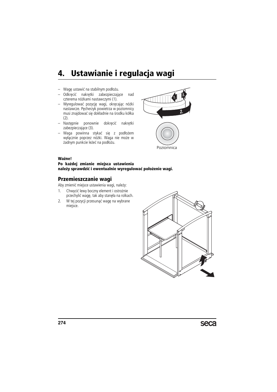Ustawianie i regulacja wagi, Przemieszczanie wagi, Libelle | Seca 685 User Manual | Page 274 / 292