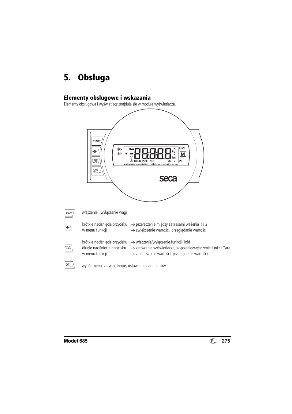 Obsługa, Elementy obsługowe i wskazania | Seca 685 User Manual | Page 275 / 292