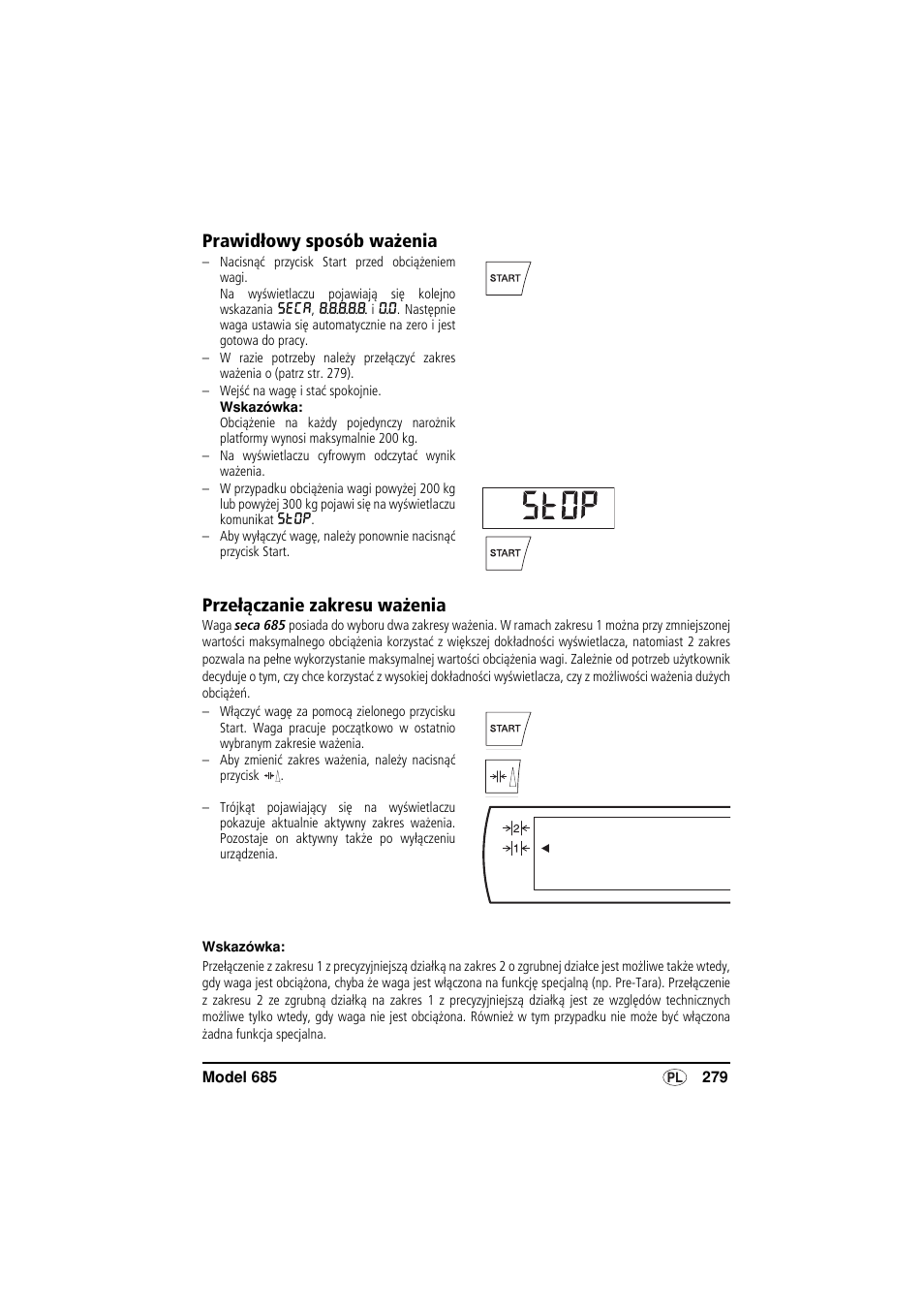 Prawidłowy sposób ważenia, Przełączanie zakresu ważenia | Seca 685 User Manual | Page 279 / 292