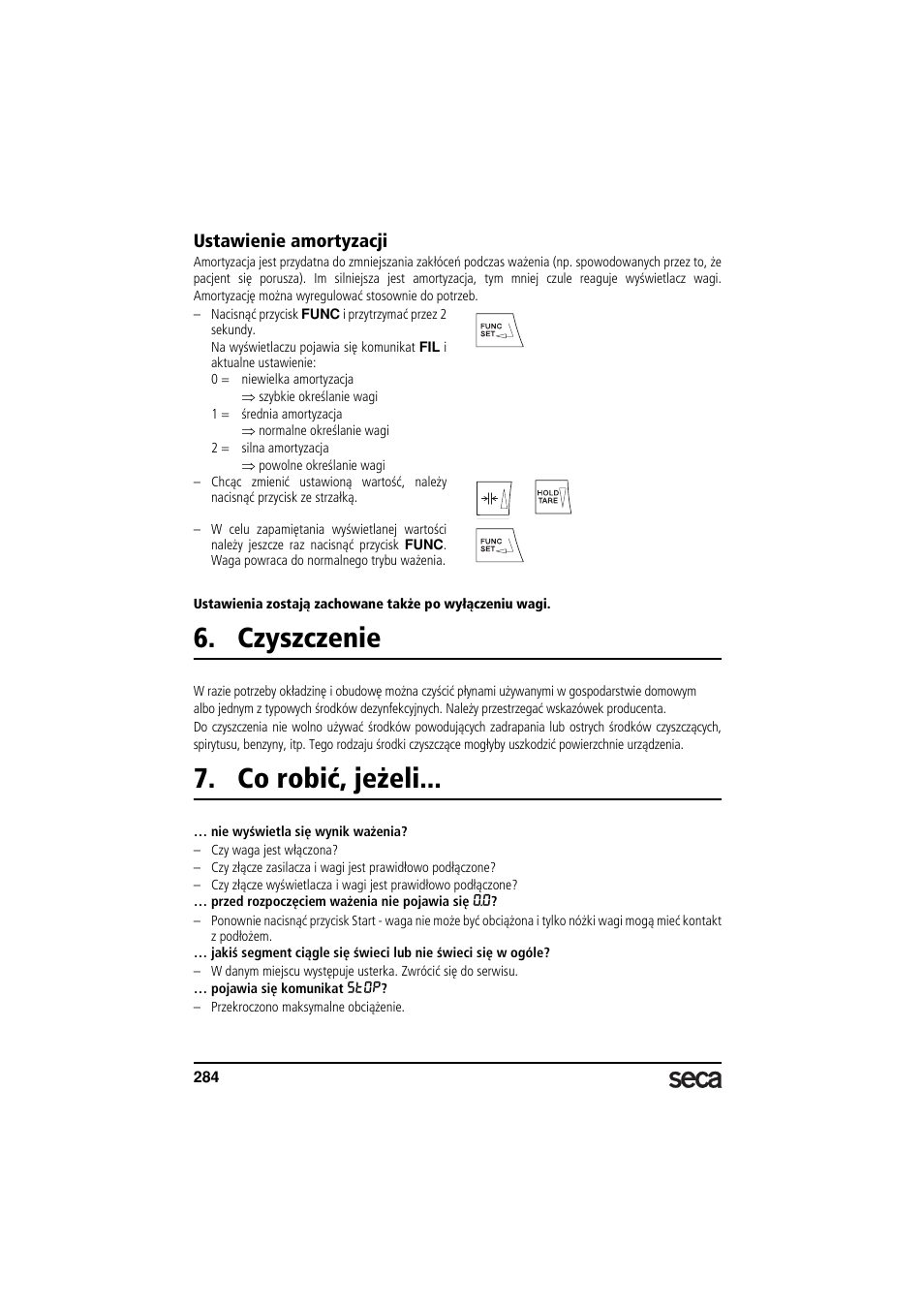 Ustawienie amortyzacji, Czyszczenie, Co robić, jeżeli | Seca 685 User Manual | Page 284 / 292