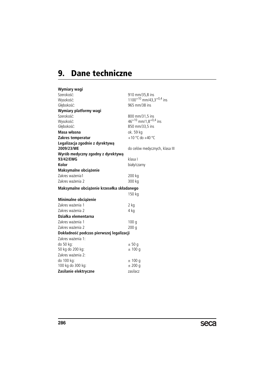 Dane techniczne | Seca 685 User Manual | Page 286 / 292