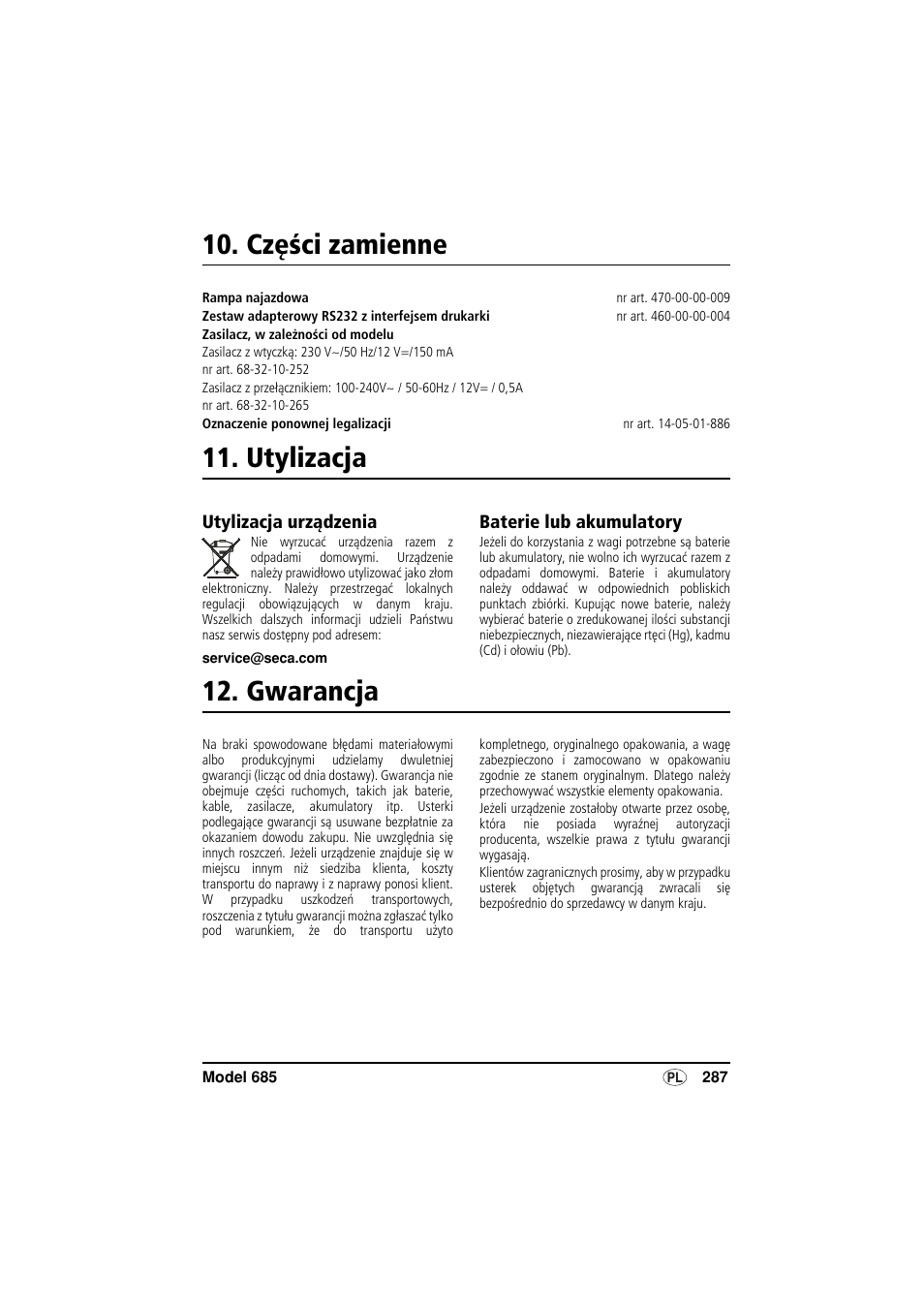 Części zamienne, Utylizacja, Utylizacja urządzenia | Baterie lub akumulatory, Gwarancja | Seca 685 User Manual | Page 287 / 292