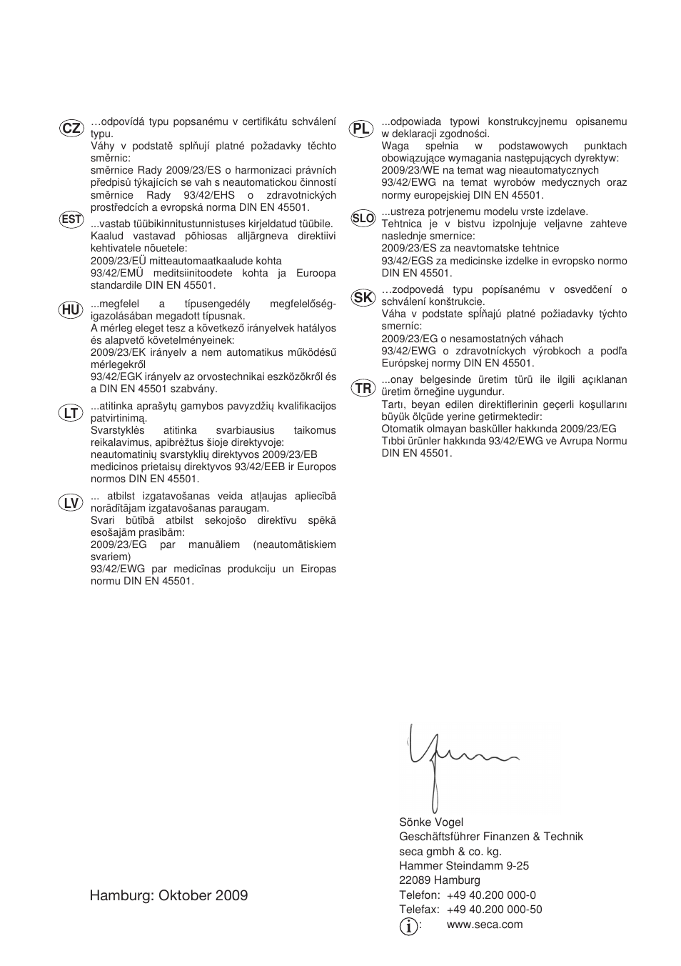 Hamburg: oktober 2009, Hu lt lv, Sk tr | Seca 685 User Manual | Page 292 / 292