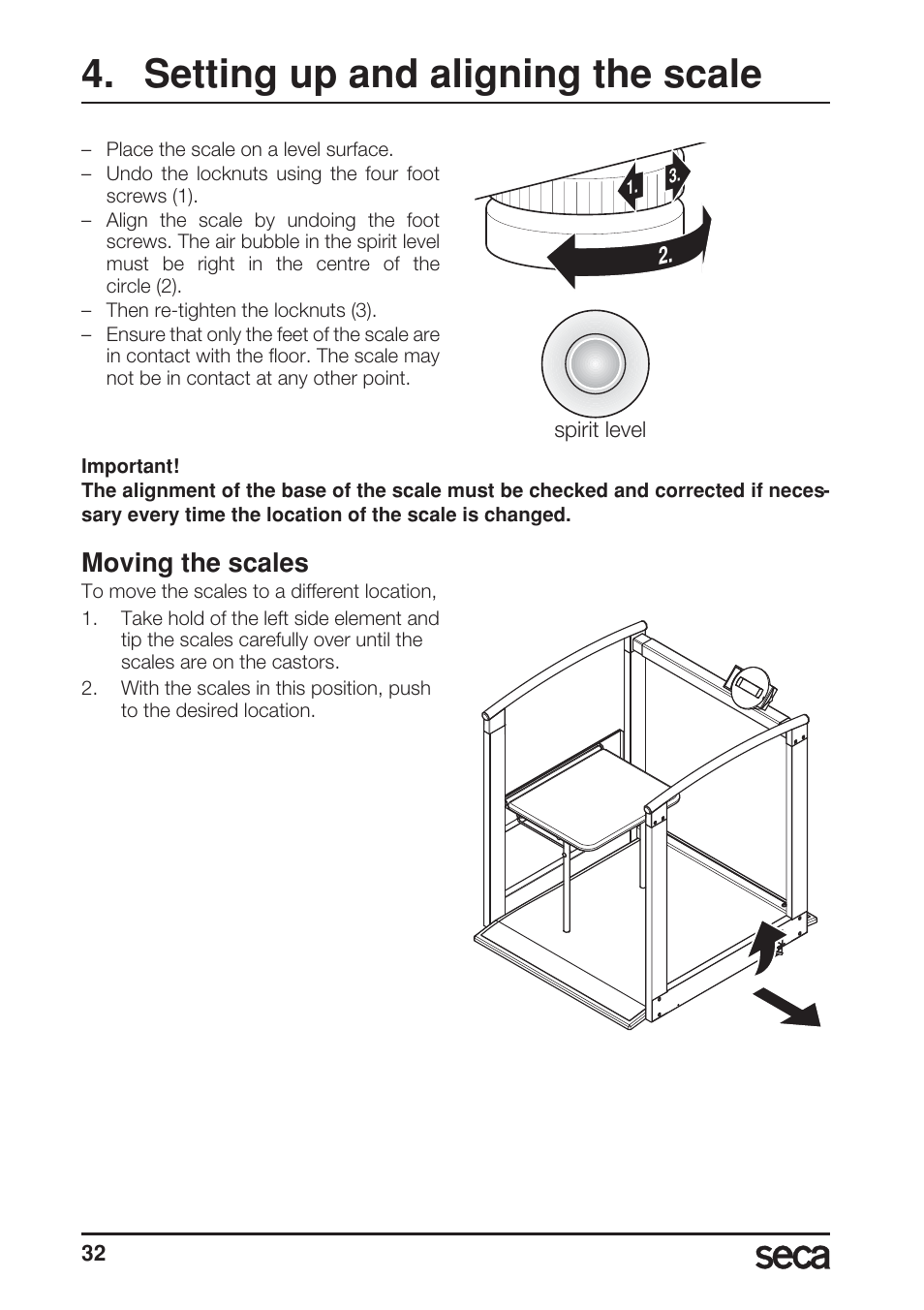 Setting up and aligning the scale, Moving the scales, Libelle | Seca 685 User Manual | Page 32 / 292