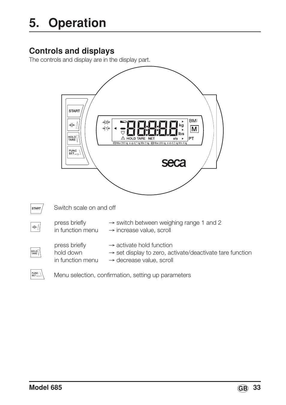 Operation, Controls and displays | Seca 685 User Manual | Page 33 / 292