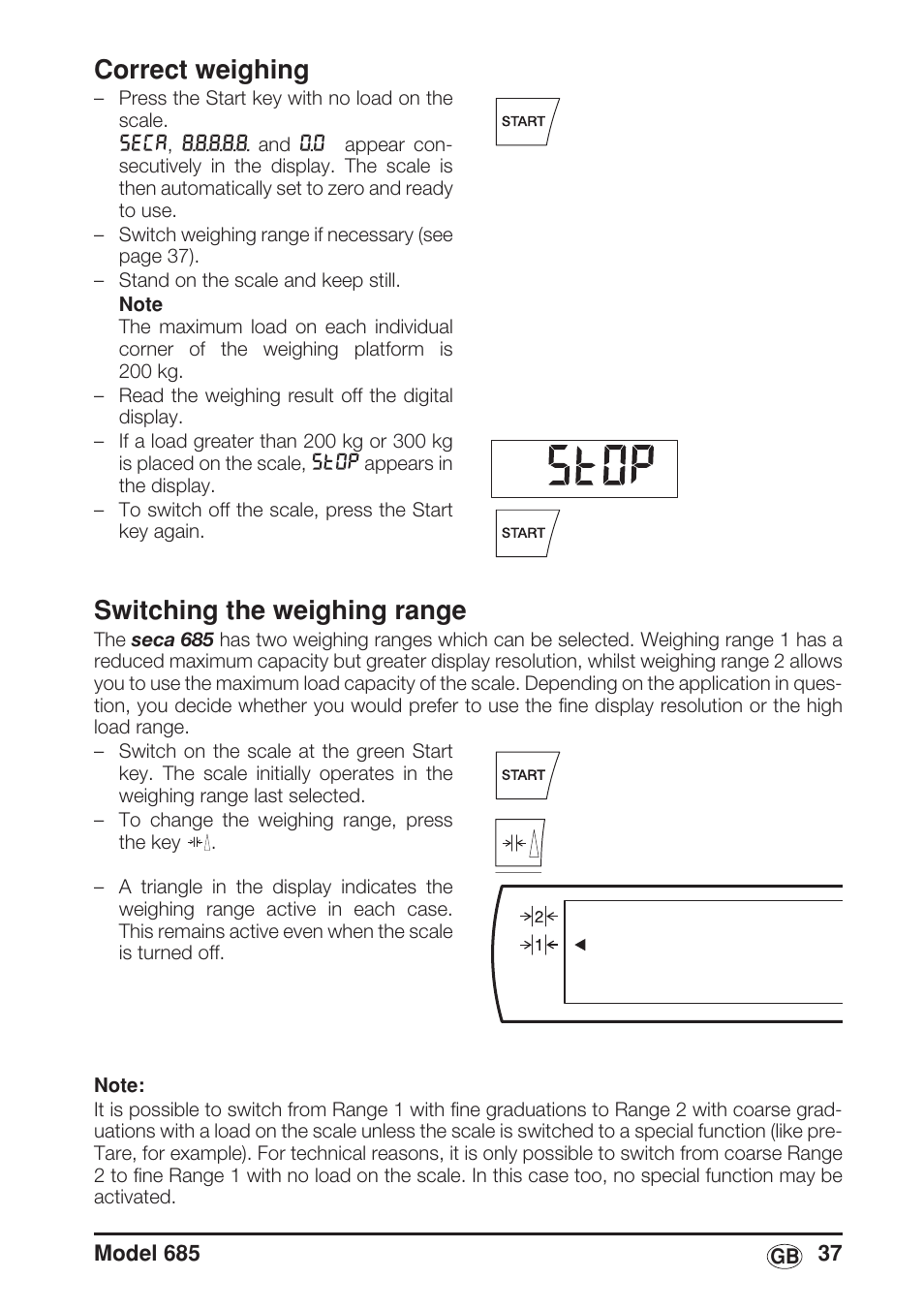 Correct weighing, Switching the weighing range | Seca 685 User Manual | Page 37 / 292