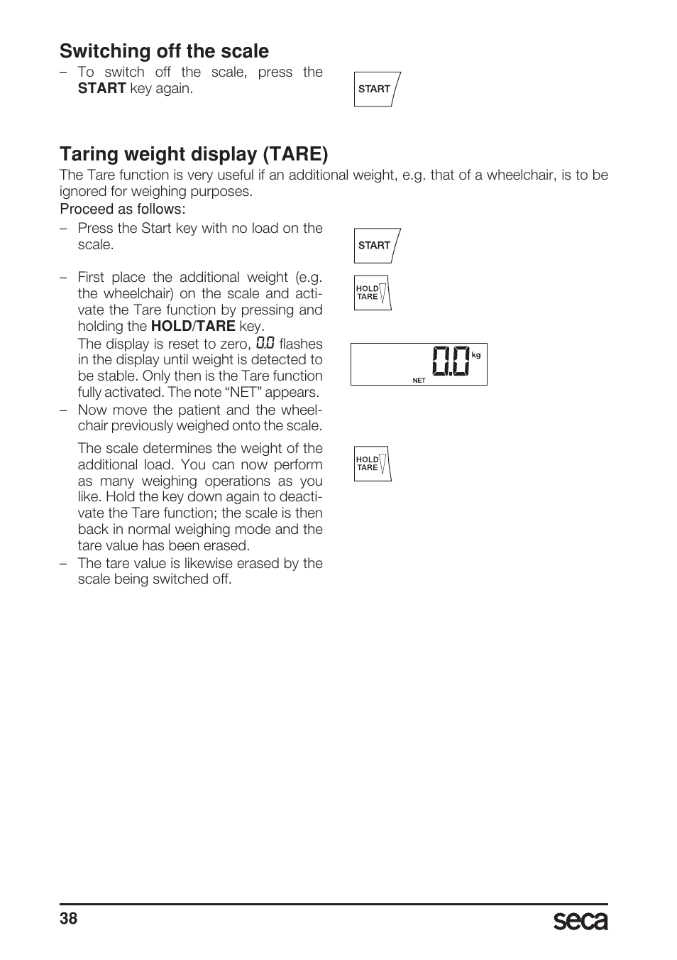 Switching off the scale, Taring weight display (tare) | Seca 685 User Manual | Page 38 / 292