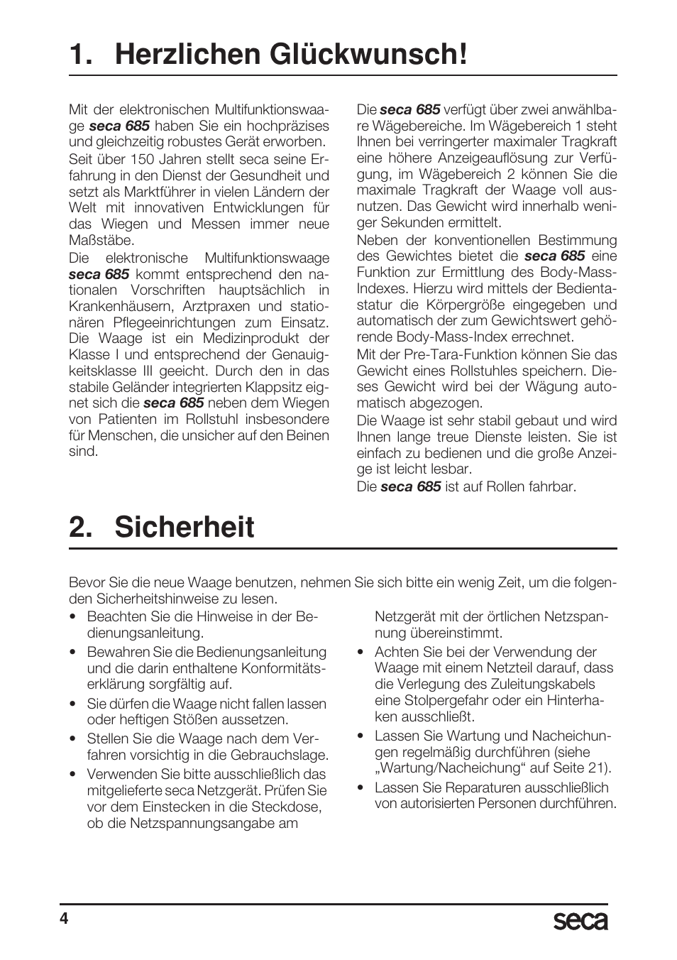 Herzlichen glückwunsch, Sicherheit | Seca 685 User Manual | Page 4 / 292