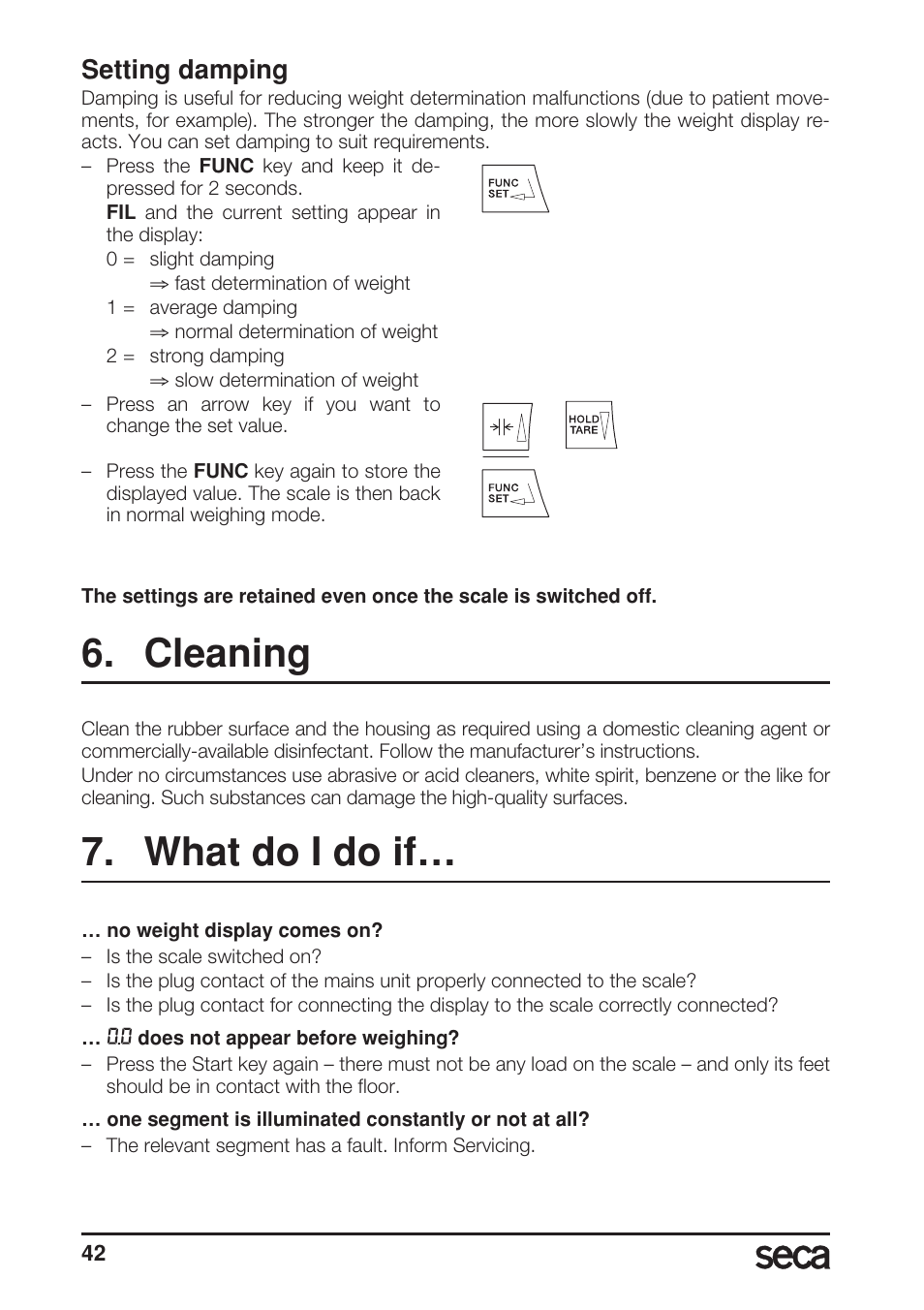 Setting damping, Cleaning, What do i do if | Seca 685 User Manual | Page 42 / 292