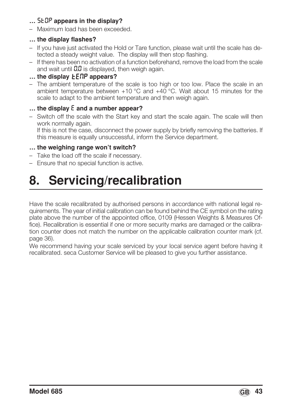 Servicing/recalibration | Seca 685 User Manual | Page 43 / 292