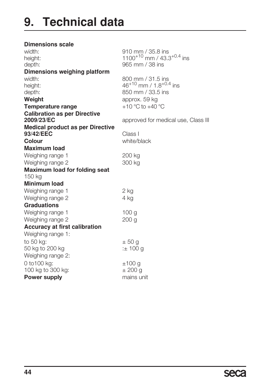 Technical data | Seca 685 User Manual | Page 44 / 292