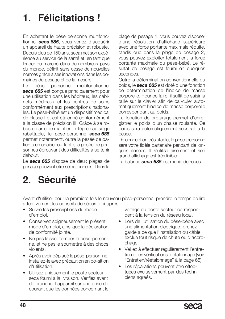 Félicitations, Sécurité | Seca 685 User Manual | Page 48 / 292